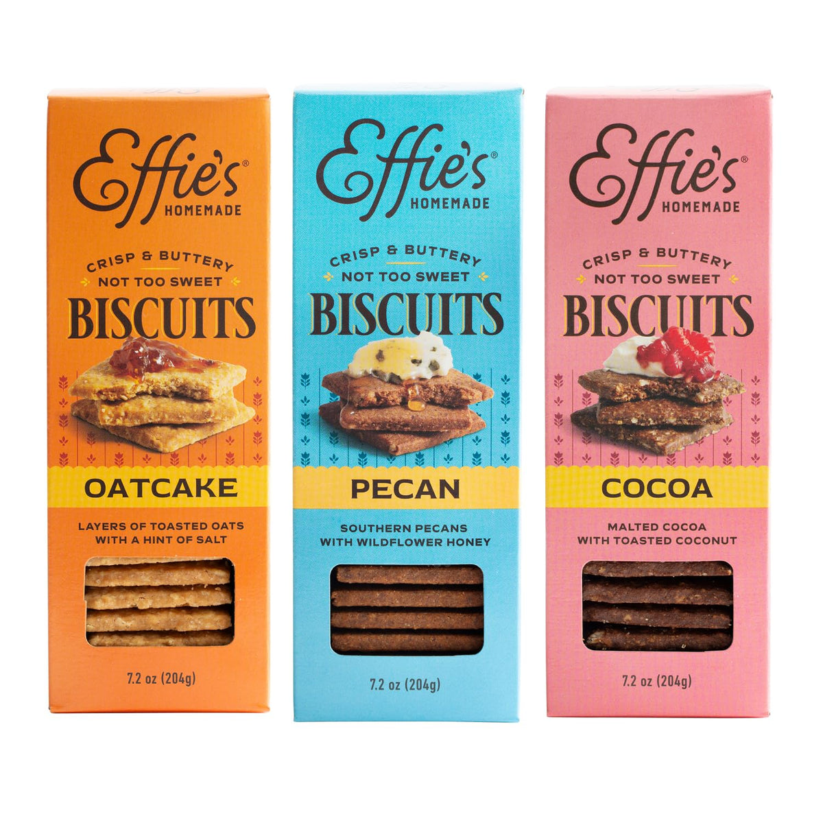 Effie's Biscuits oatcakes variety pack: crisp, lightly sweet rounds with a buttery finish.