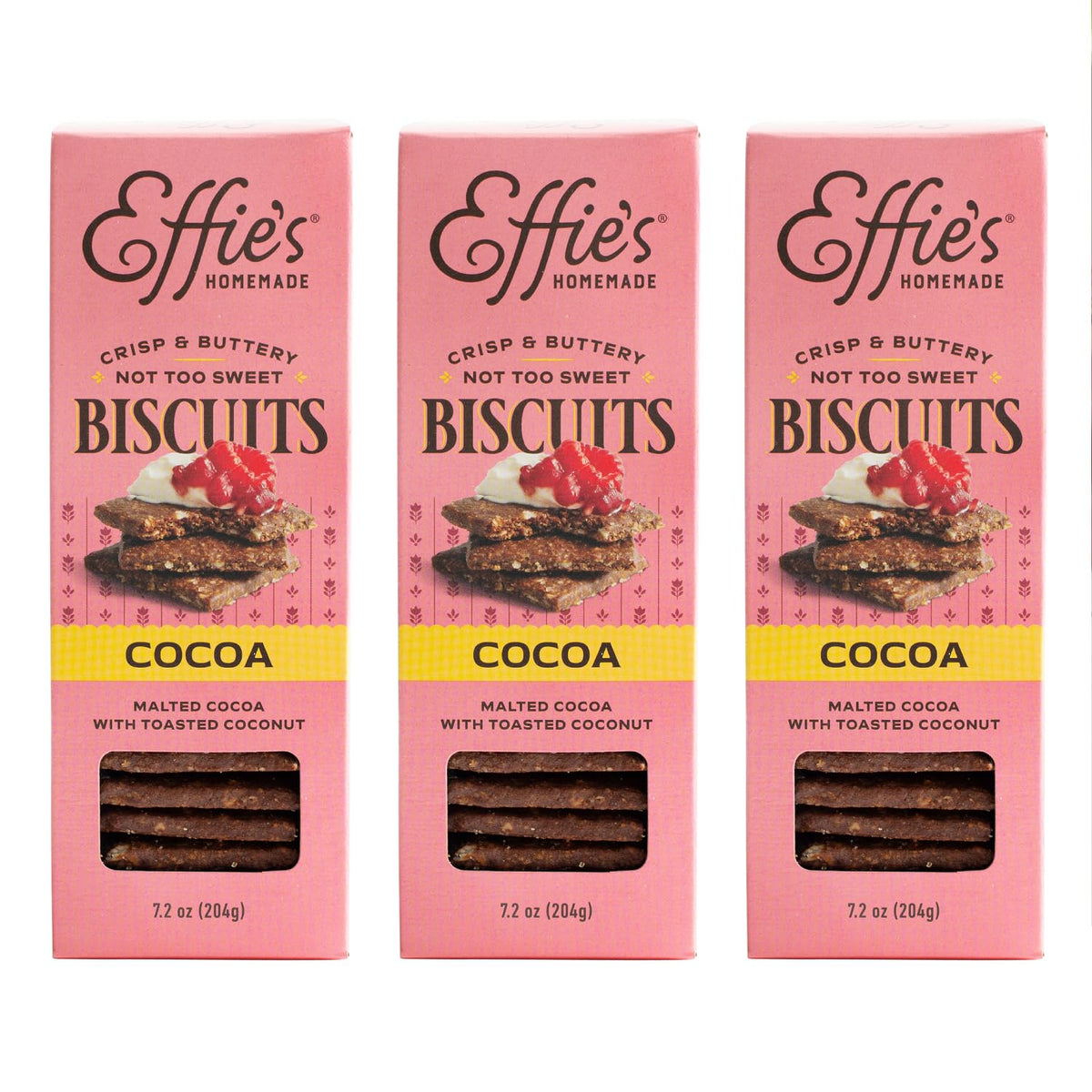Effie's Cocoa Biscuits 3-pack showcase crisp texture and oat layers.