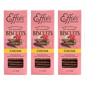 Effie's Cocoa Biscuits 3-pack showcase crisp texture and oat layers.