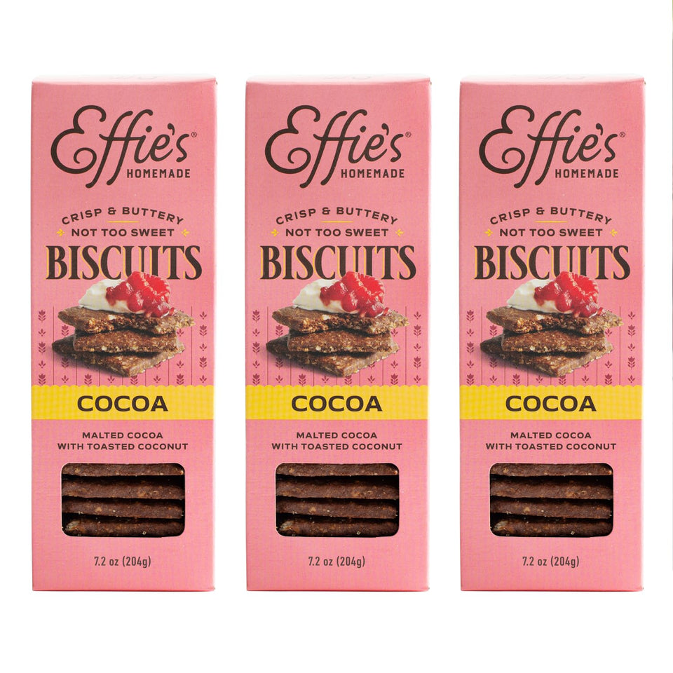Effie's Cocoa Biscuits 3-pack showcase crisp texture and oat layers.