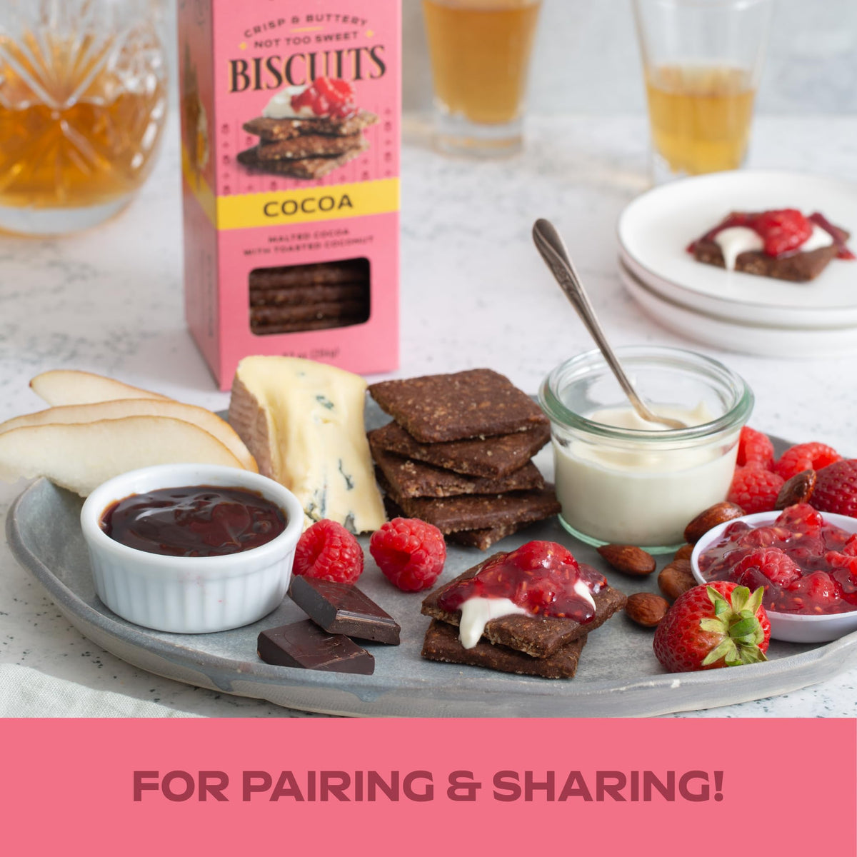 Effie's Cocoa Biscuit with mascarpone and berries on a plate.