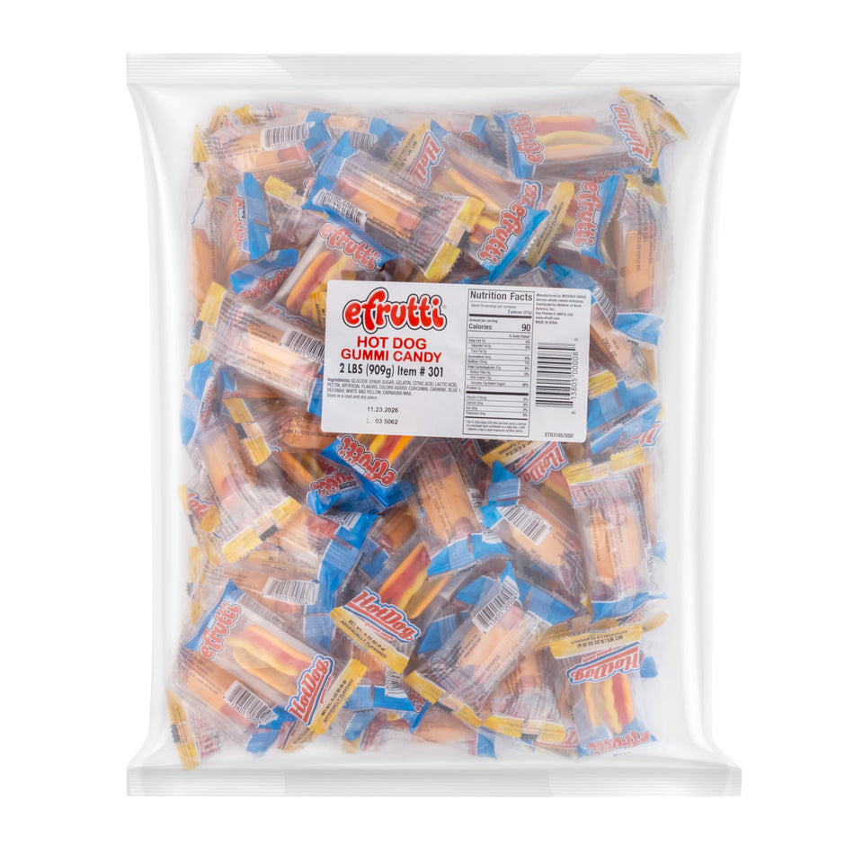 E.Frutti hot dog gummy candy bulk bag—gluten-free fruit chews, kid-friendly snack