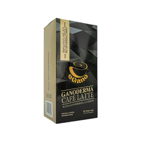 eGano Ganoderma Cafe Latte box front highlighting premium instant latte convenience.