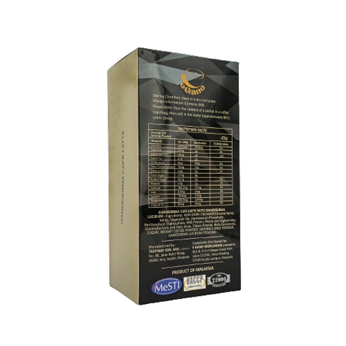 eGano Ganoderma Cafe Latte sachet close-up with convenient single-use packaging.