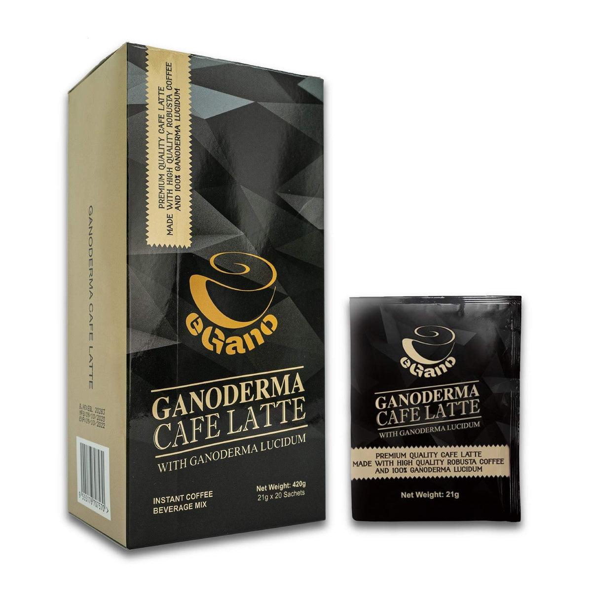eGano Ganoderma Cafe Latte sachets 20-pack on the counter for quick, creamy mornings.