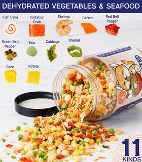 Close-up of Egcina 11-ingredient blend with colorful seafood and vegetables.