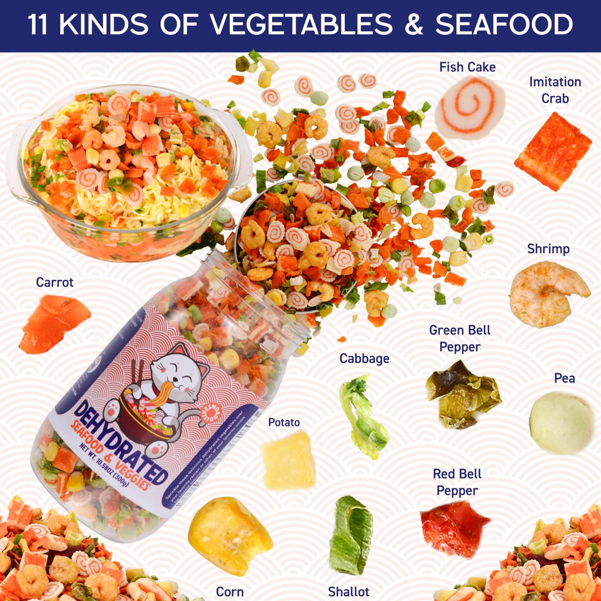 Close up of the 11 ingredient blend featuring shrimp, peas, and corn