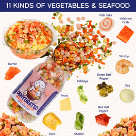 Close up of the 11 ingredient blend featuring shrimp, peas, and corn