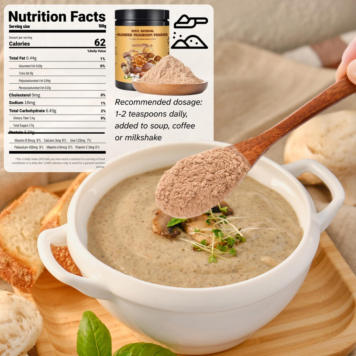 Egcina mushroom powder in soup – enhances flavor with earthy notes.