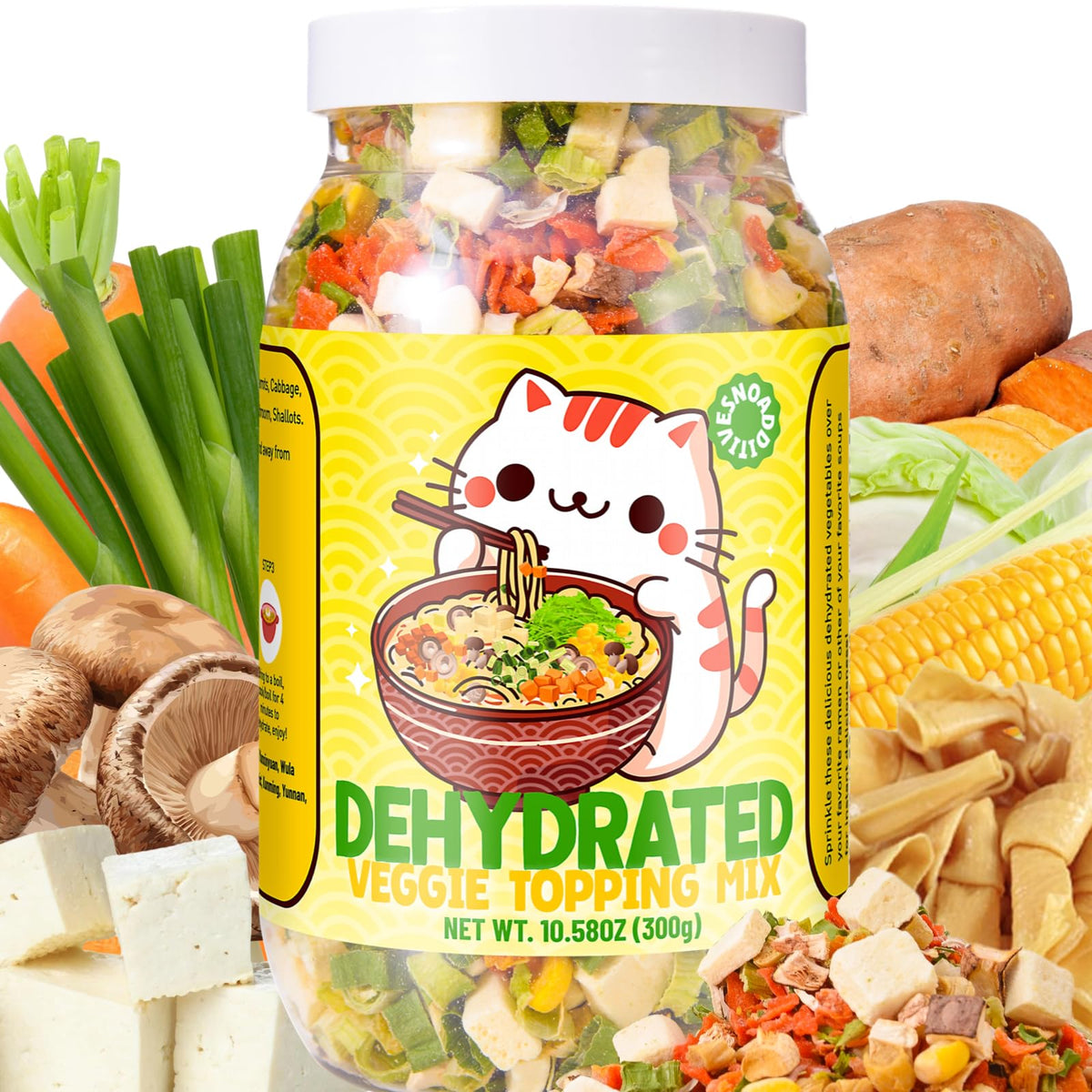Egcina ramen toppings mix with dehydrated vegetables and tofu for versatile, flavorful meals.
