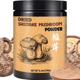 Egcina Shiitake powder bottle closeup, showcasing pure mushroom seasoning for richer flavor.