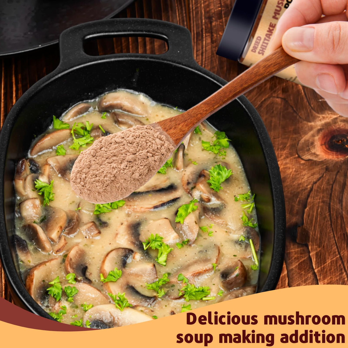 Egcina Shiitake powder in a bright kitchen scene with ingredients.