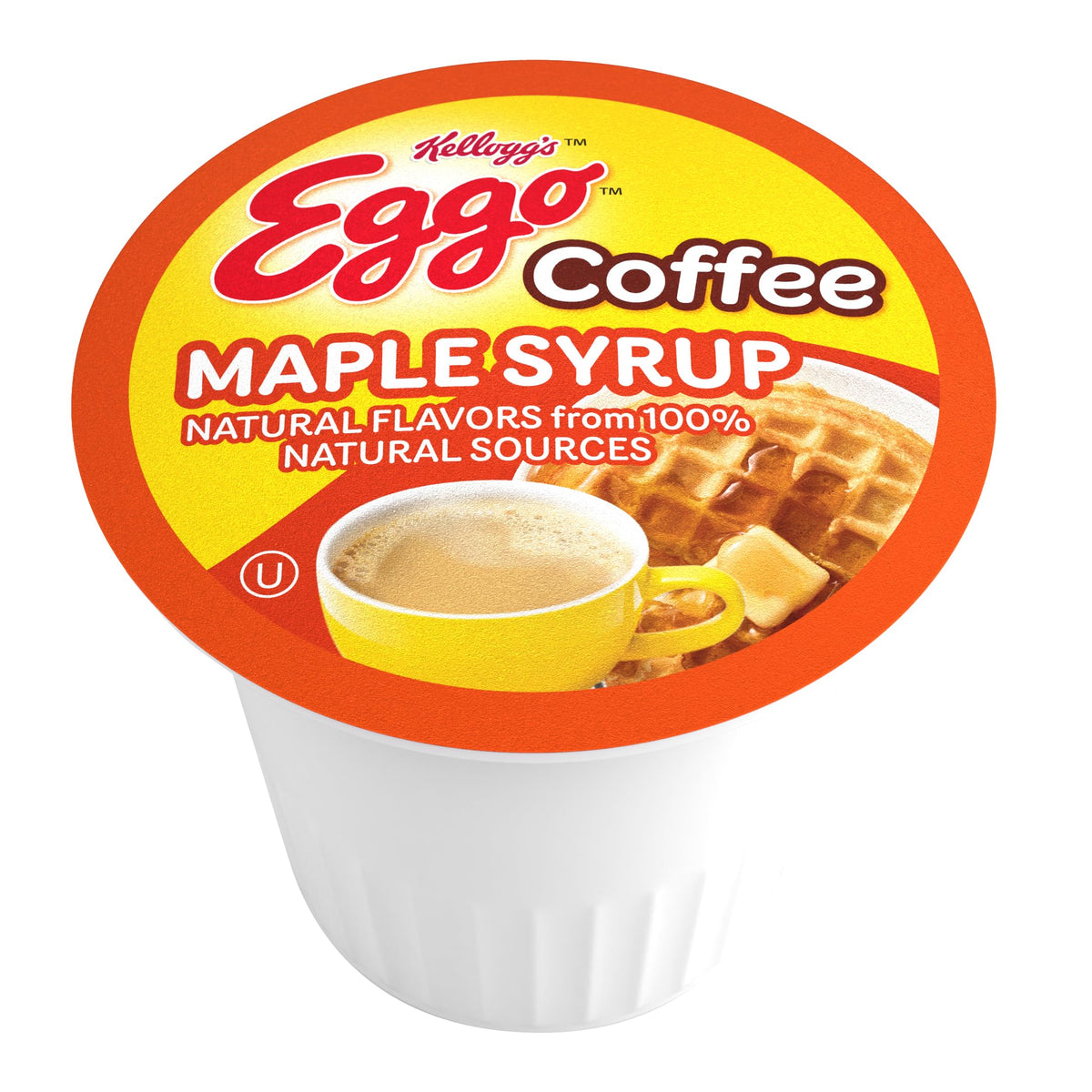 Cup of coffee beside Eggo Maple Syrup Waffle pod for a cozy breakfast ritual.