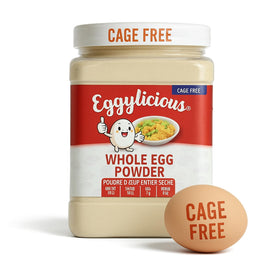 Eggylicious cage-free whole egg powder jar for everyday baking and easy storage.