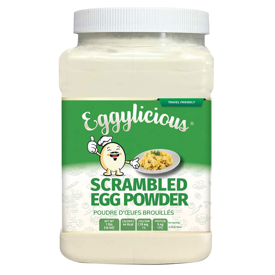 Eggylicious Egg Scramble Mix jar shows convenient, high-protein breakfast base.