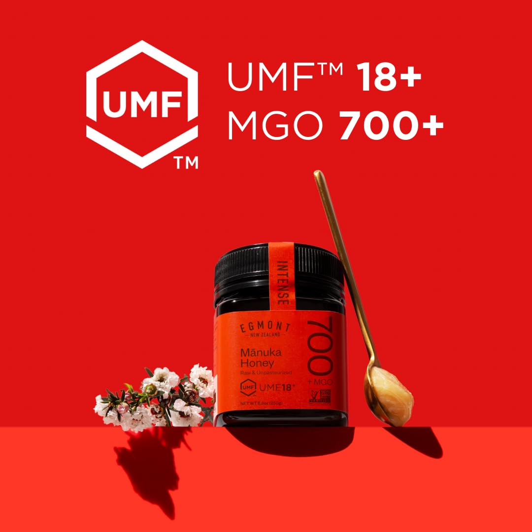 Egmont Honey Manuka jar front label highlights UMF 18+ and MGO 700+.