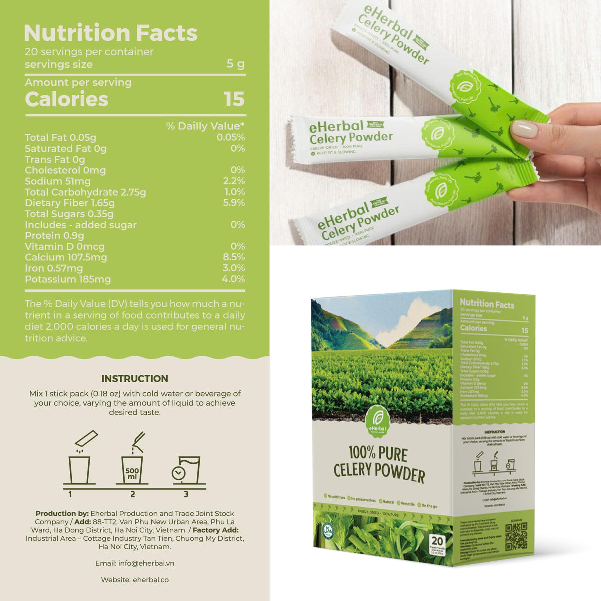 eHerbal Pure Nature celery powder box open reveals 20 sachets for travel