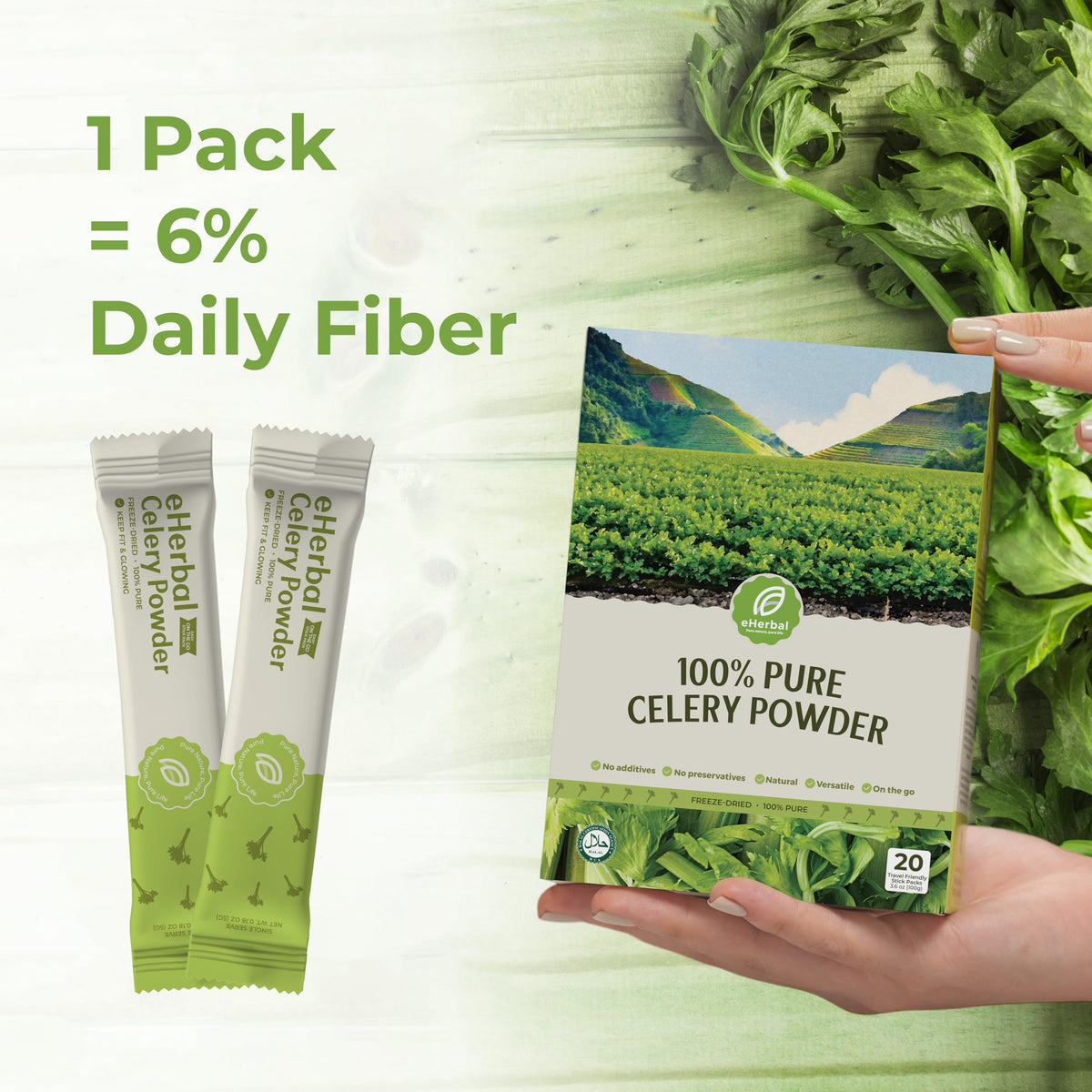 eHerbal Pure Nature celery powder smoothie glass illustrates versatile beverage add-in