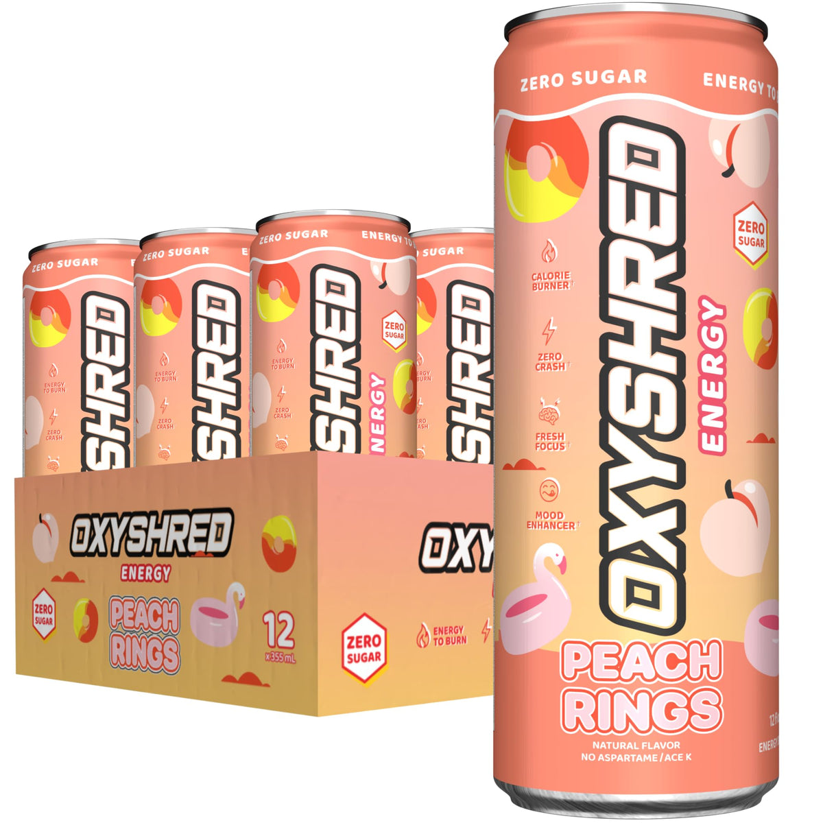 EHP Labs OxyShred Peach Candy Rings front can offering zero sugar energy on the go