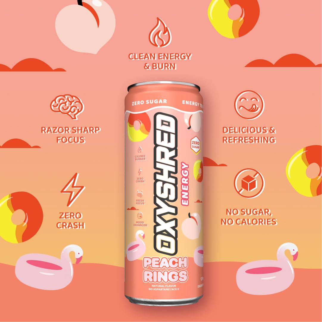 EHP Labs OxyShred Peach Candy Rings served in a glass for convenient RTD energy