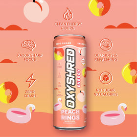 EHP Labs OxyShred Peach Candy Rings served in a glass for convenient RTD energy