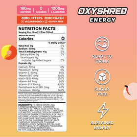 EHP Labs OxyShred Peach Candy Rings ingredients panel highlights vitamin C and green tea extract