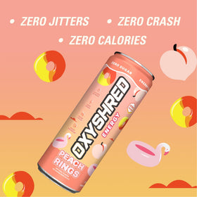 EHP Labs OxyShred Peach Candy Rings being poured over ice for a refreshing energized moment