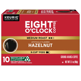 Aromatic Eight O'Clock Hazelnut K-Cup pod ready for brewing ritual.