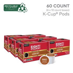 Close-up of Eight O'Clock Hazelnut K-Cup pod, rich aroma hints at bold flavor.