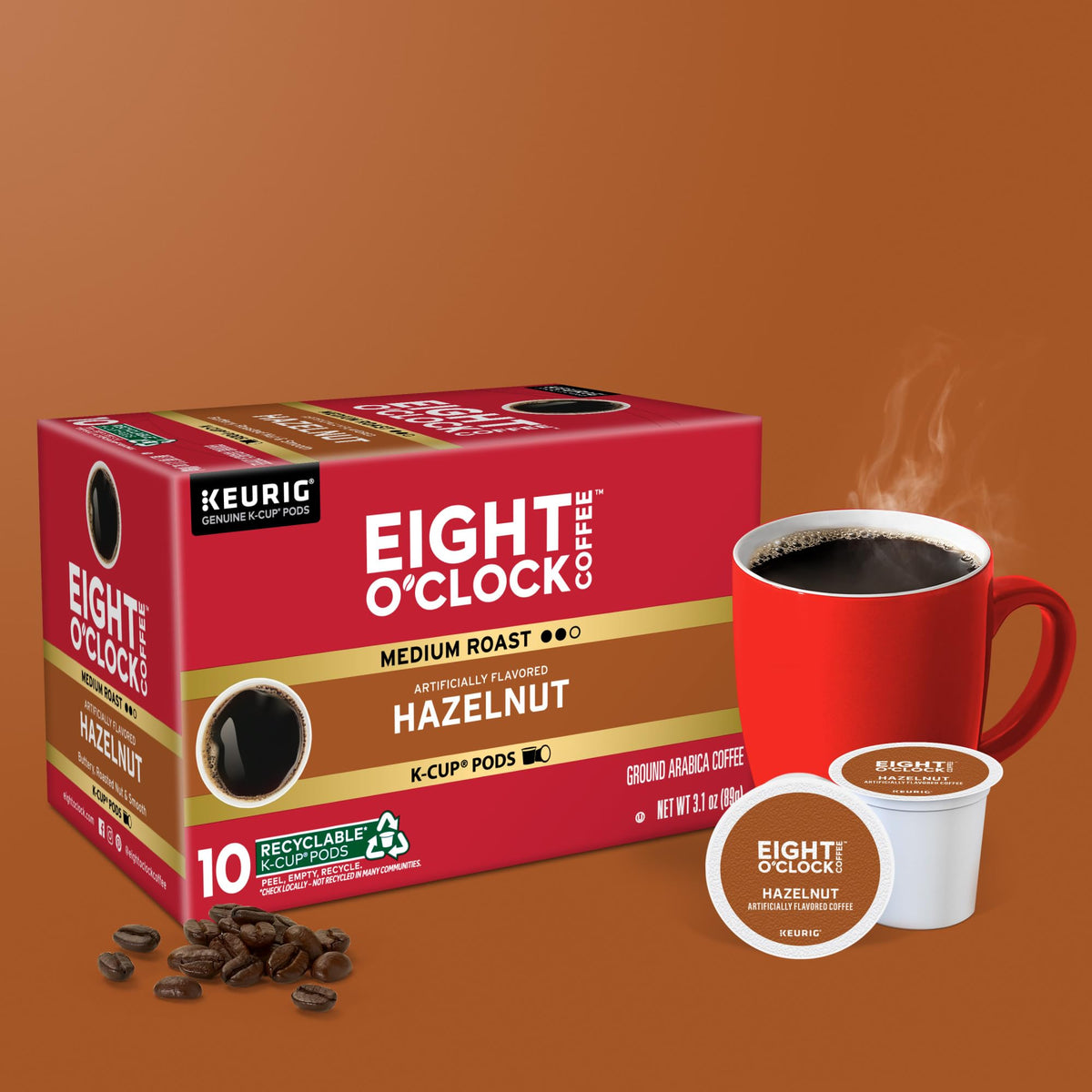 Recyclable pod packaging for Eight O'Clock Hazelnut K-Cup pods.