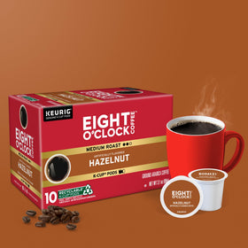 Recyclable pod packaging for Eight O'Clock Hazelnut K-Cup pods.
