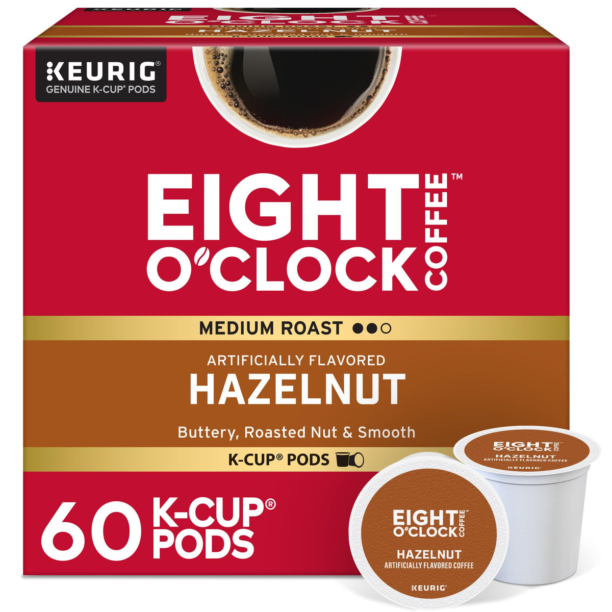 Eight O'Clock Coffee Hazelnut K-Cup pods visible on kitchen counter for quick mornings.