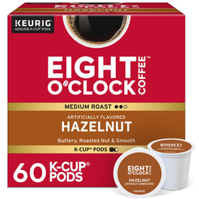 Eight O'Clock Coffee Hazelnut K-Cup pods visible on kitchen counter for quick mornings.