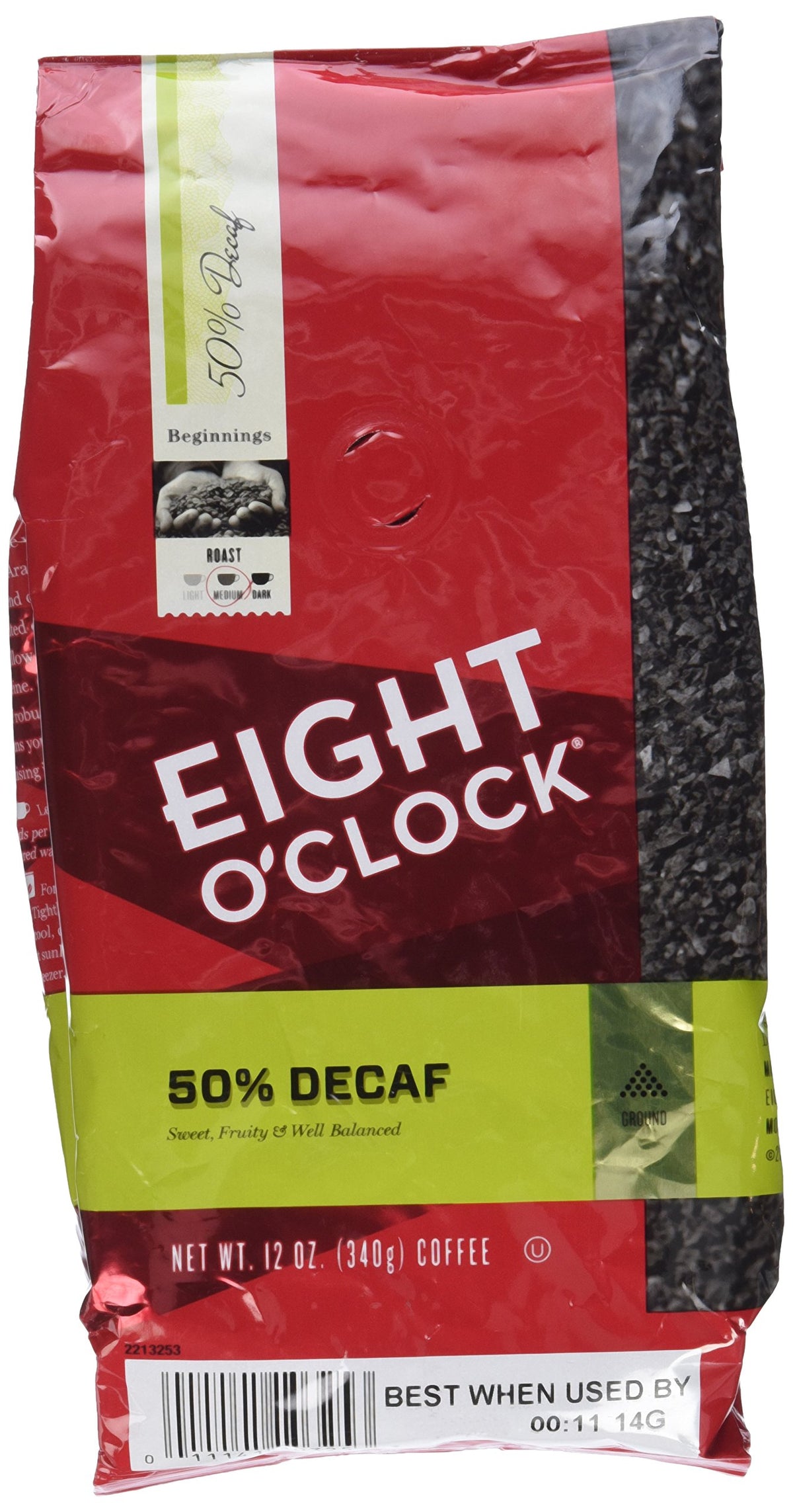 Eight O'Clock 50% Decaf Ground Coffee bag for easy everyday brewing.