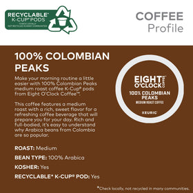 Close-up of 100% Arabica beans used in Eight O'Clock Colombian Peaks