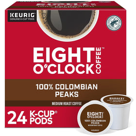 Eight O'Clock Colombian Peaks box with Arabica beans for smooth mornings.
