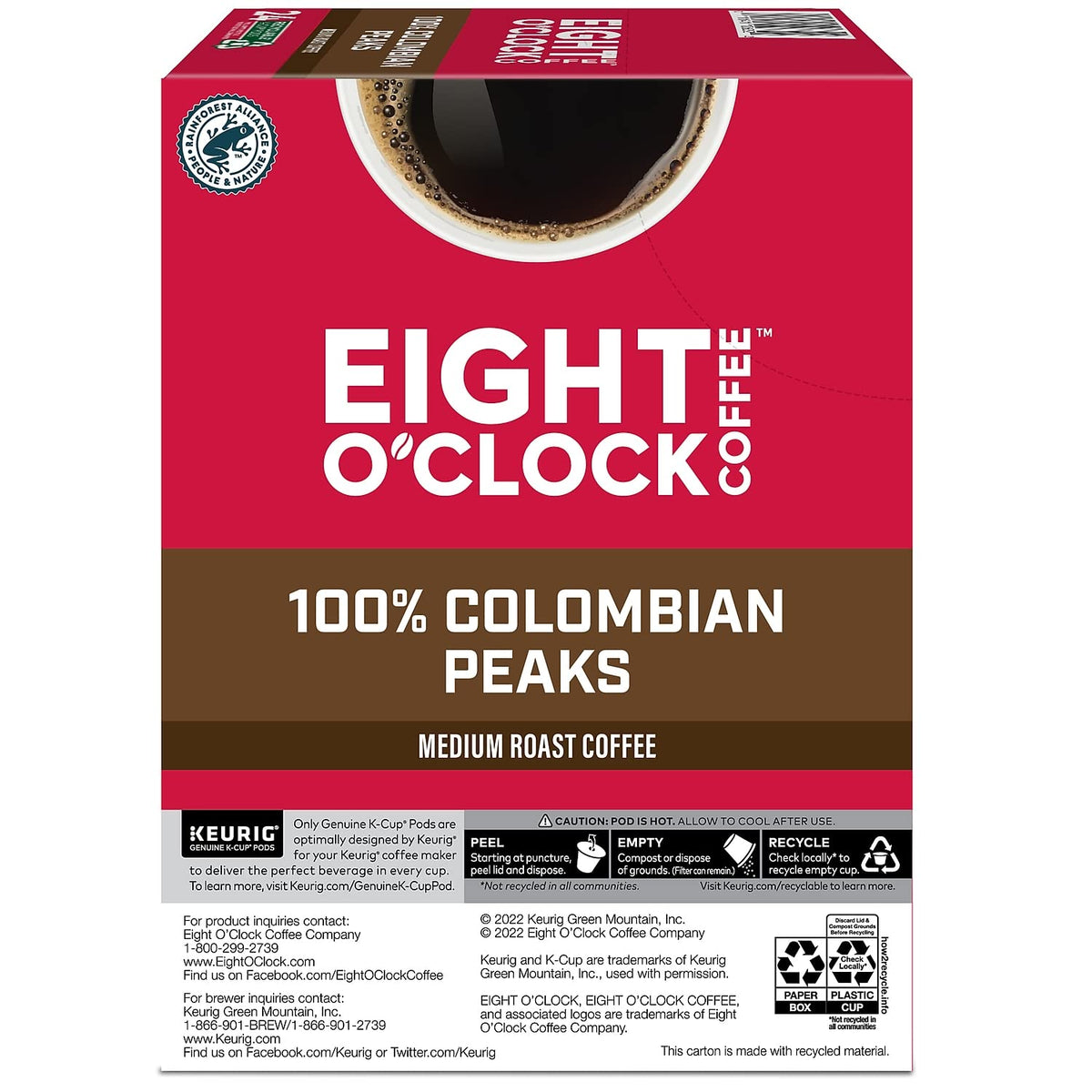 Eight O'Clock Colombian Peaks brewed cup showing medium roast finish.