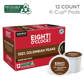 Steaming mug of Eight O'Clock Colombian Peaks coffee after a Keurig press