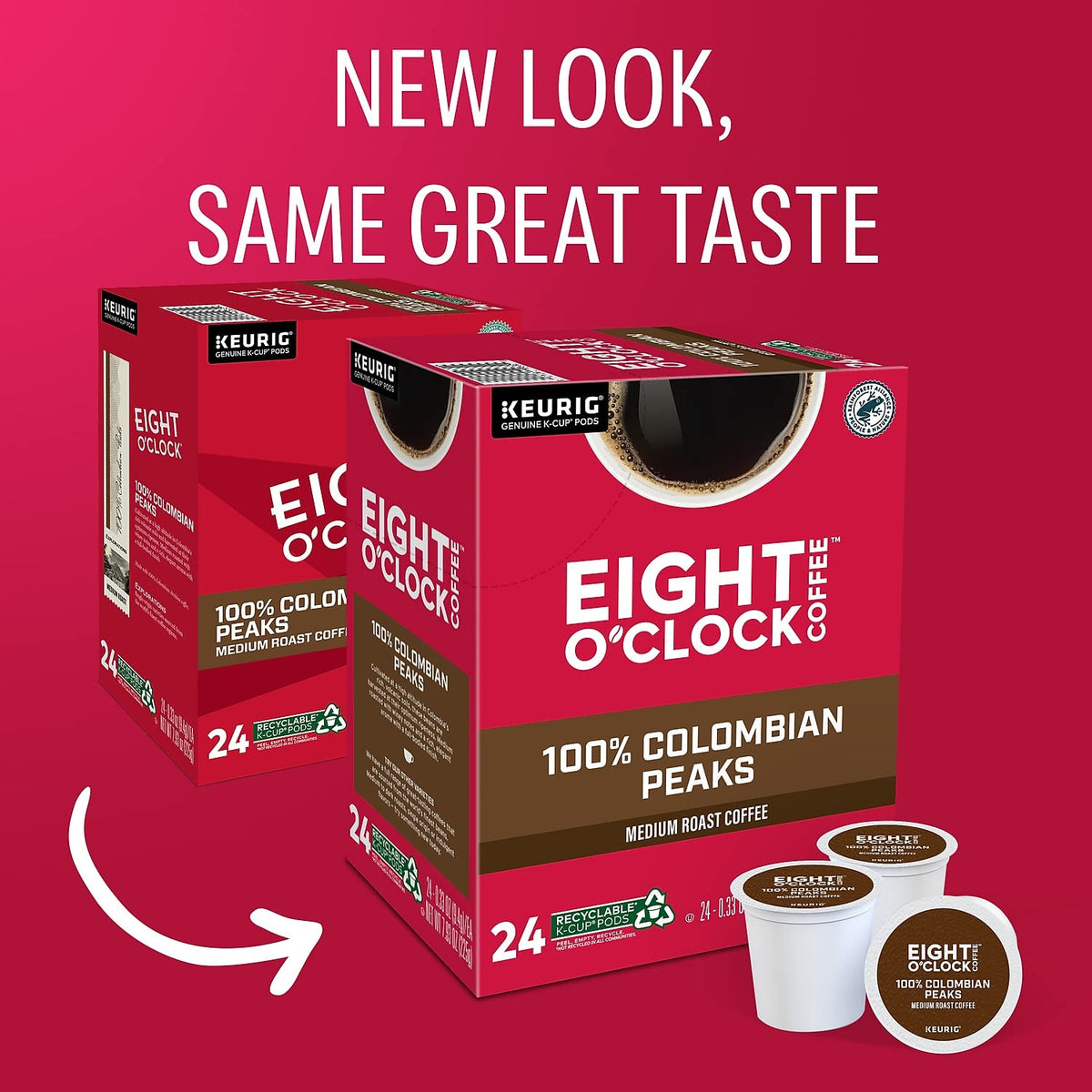 Eight O'Clock Colombian Peaks KCup pod close-up highlighting convenient single-serve brewing.