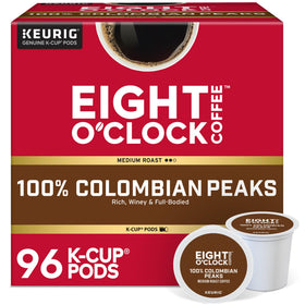 Eight O'Clock Colombian Peaks K-Cup pods ready for Keurig brewing.
