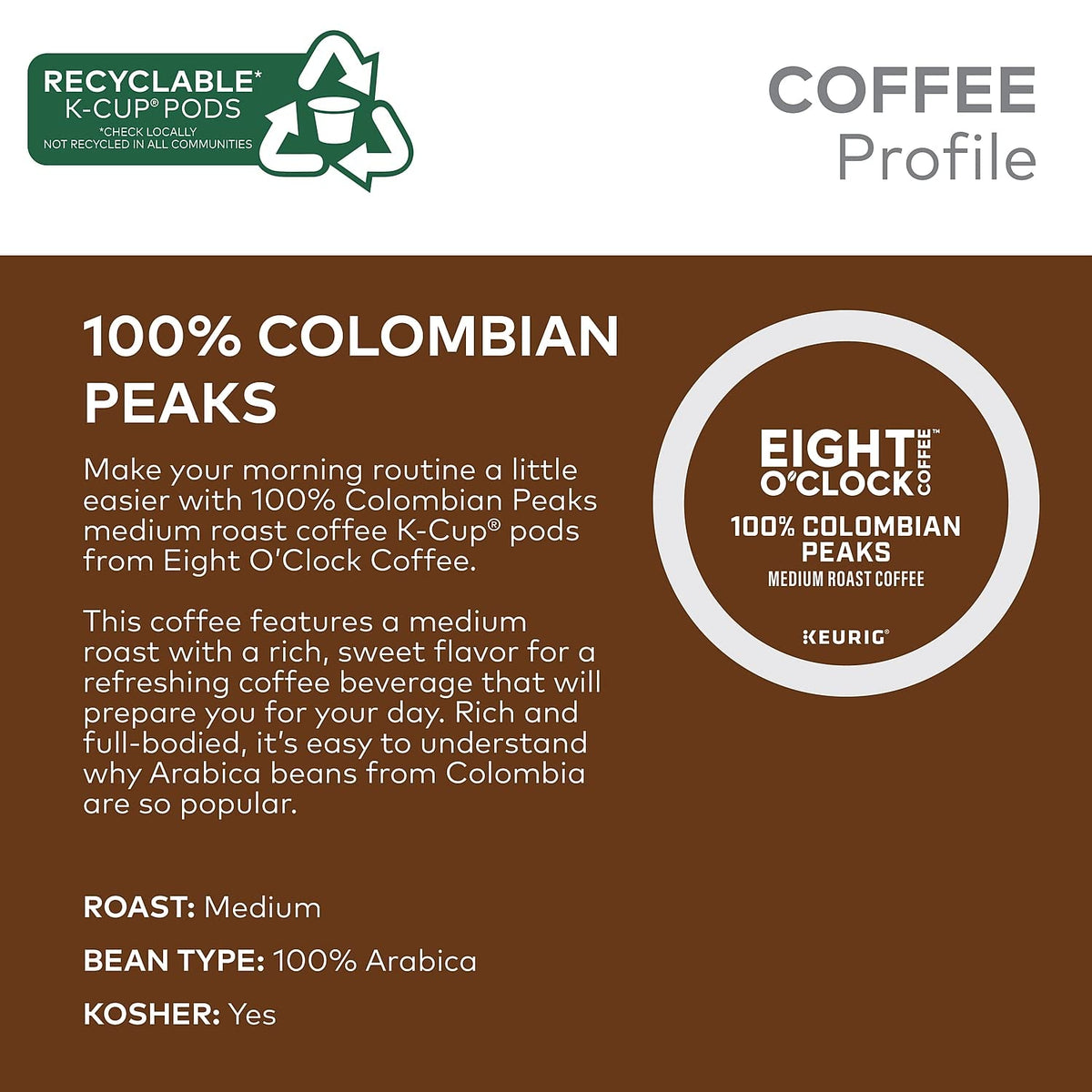 Eight O'Clock Colombian Peaks packaging sleeve highlighting award-winning origin.