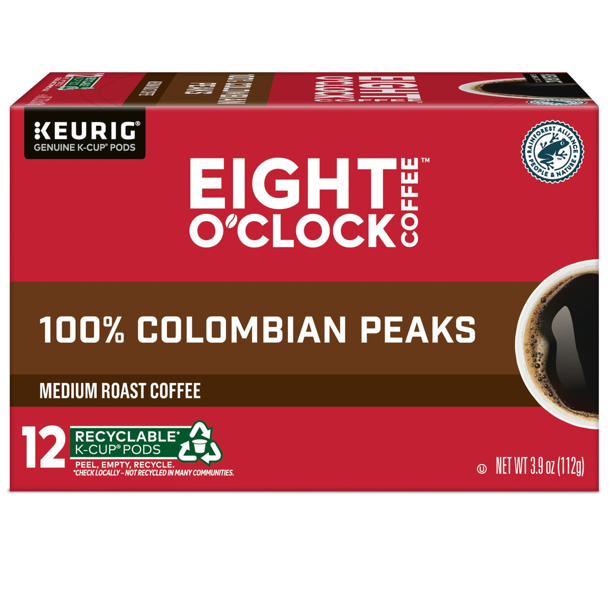 Smooth, full-bodied finish of Eight O'Clock Colombian Peaks coffee in a cup