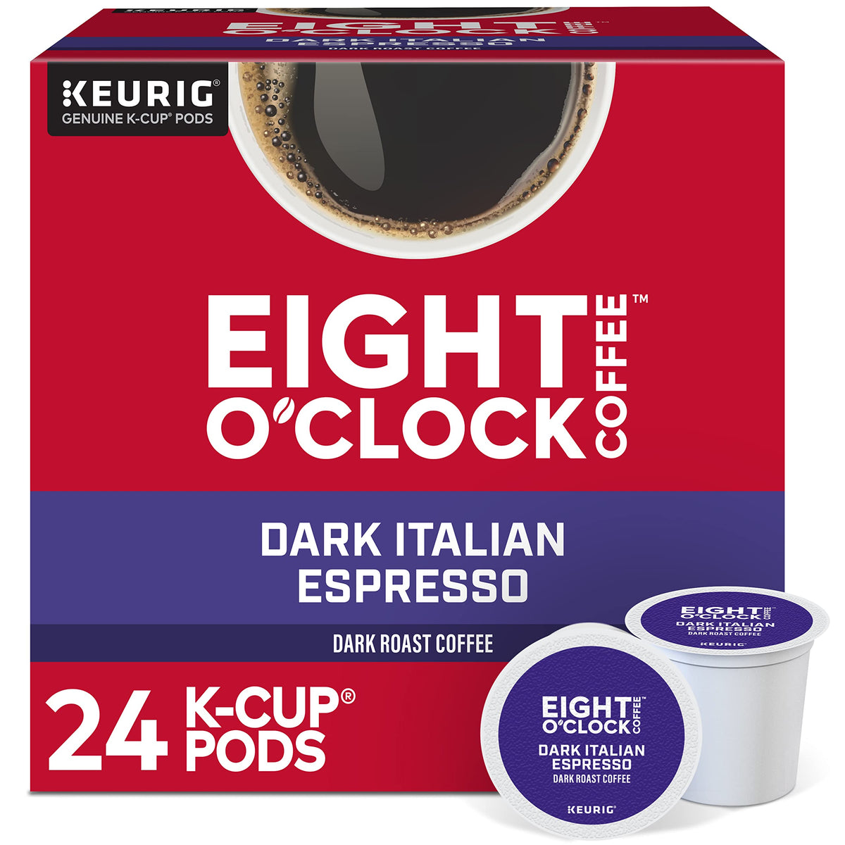 Eight O'Clock Espresso Roast K-Cup in a cup with crema, ideal for cappuccino.