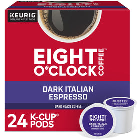 Eight O'Clock Espresso Roast K-Cup in a cup with crema, ideal for cappuccino.