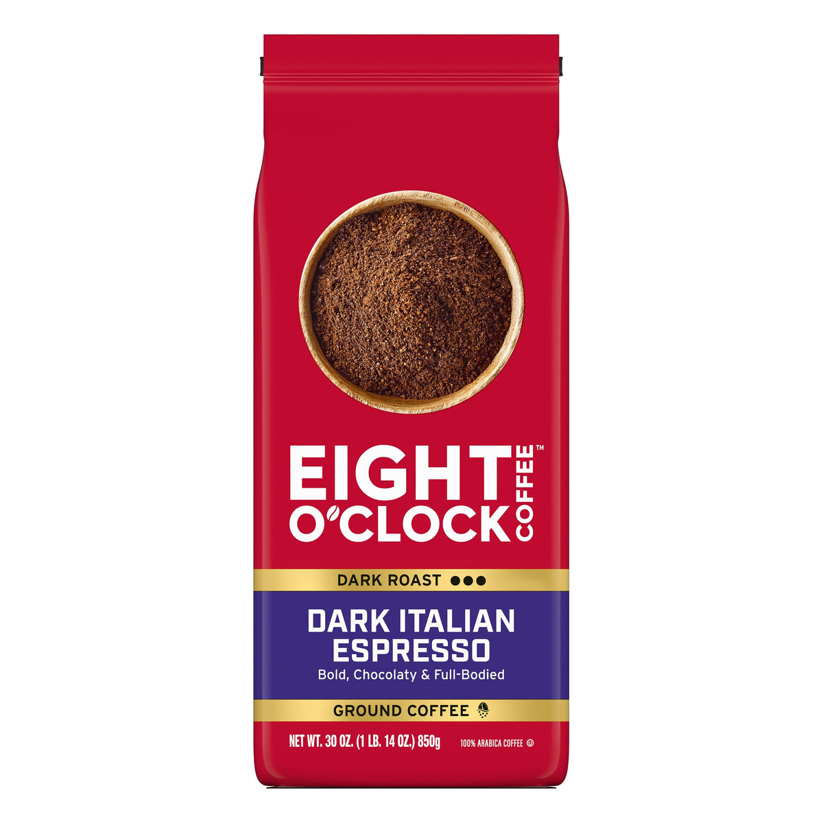 Eight O'Clock Coffee dark Italian Espresso ground bag highlights premium 100% Arabica beans for bold flavor.