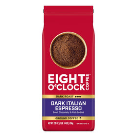 Eight O'Clock Coffee dark Italian Espresso ground bag highlights premium 100% Arabica beans for bold flavor.