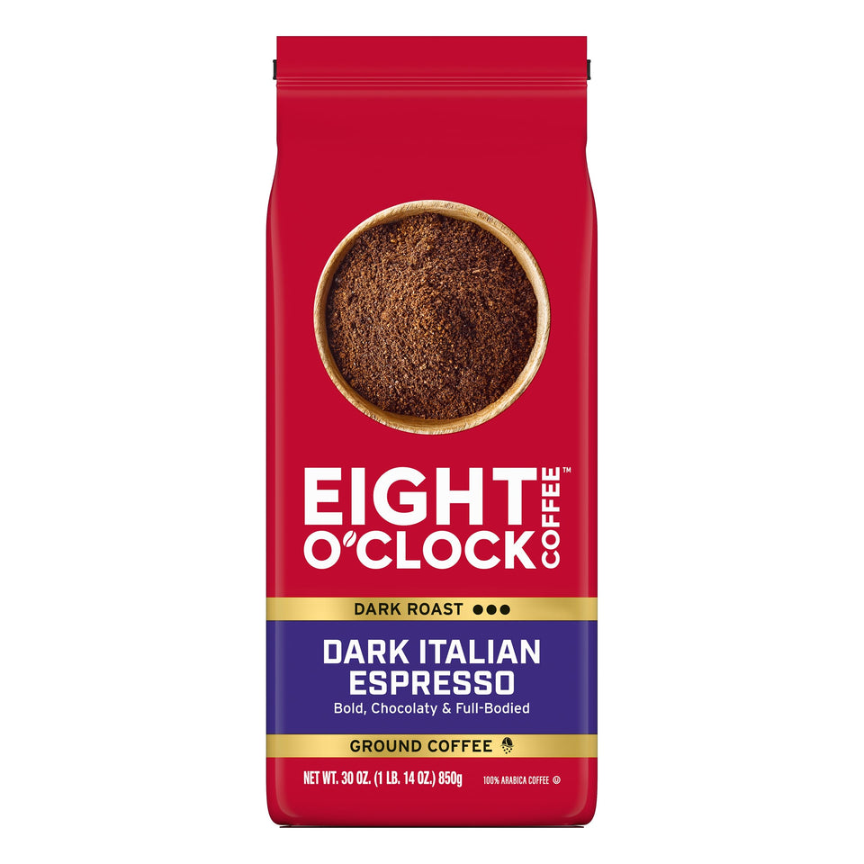 Eight O'Clock Coffee dark Italian Espresso ground bag highlights premium 100% Arabica beans for bold flavor.