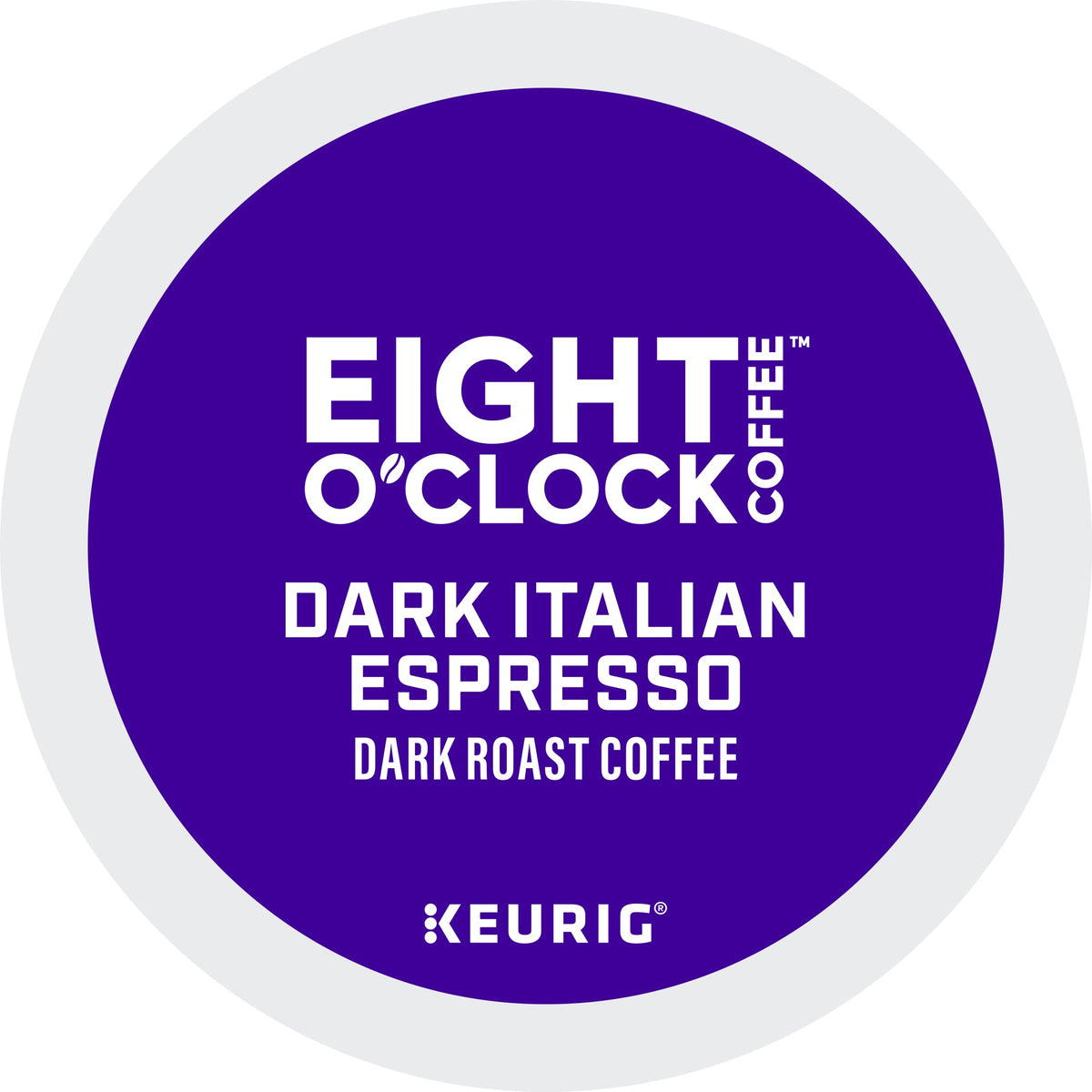 Eight O'Clock Dark Italian Espresso Roast K-Cup pod close-up showing rich beans.