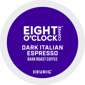 Eight O'Clock Dark Italian Espresso Roast K-Cup pod close-up showing rich beans.