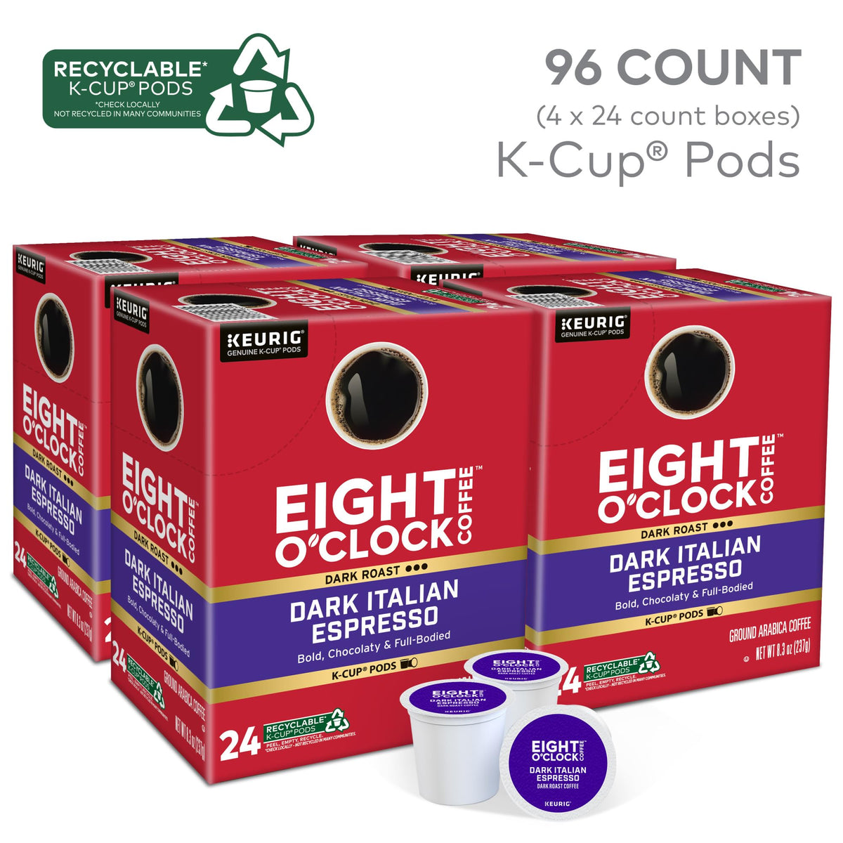 Eight O'Clock Dark Italian Roast K-Cups packaging showing convenience
